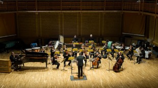 Large BCMG ensemble in concert - wide shot, front on Large BCMG ensemble in concert - wide shot, front on