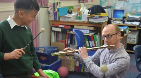 Flautist Anthony Robb at a Big Ears workshop with school pupil Flautist Anthony Robb at a Big Ears workshop with school pupil