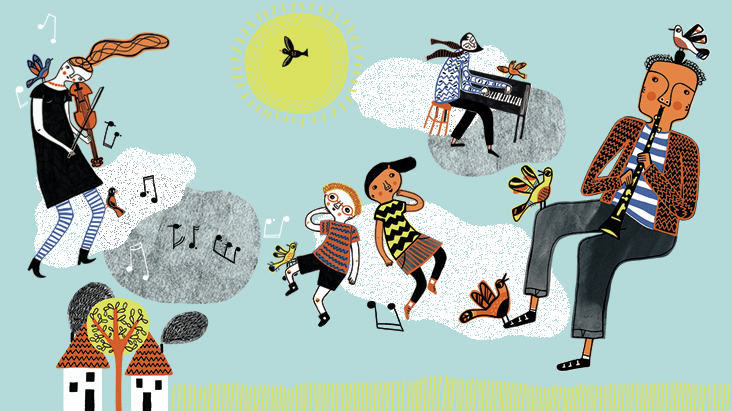 Illustration of musicians playing amongst the clouds Illustration of musicians playing amongst the clouds