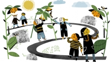 Illustration of young musicians playing musical flowers Illustration of young musicians playing musical flowers