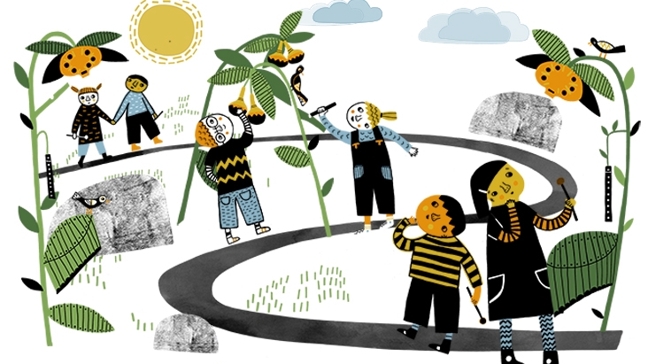Illustration of young musicians playing musical flowers Illustration of young musicians playing musical flowers